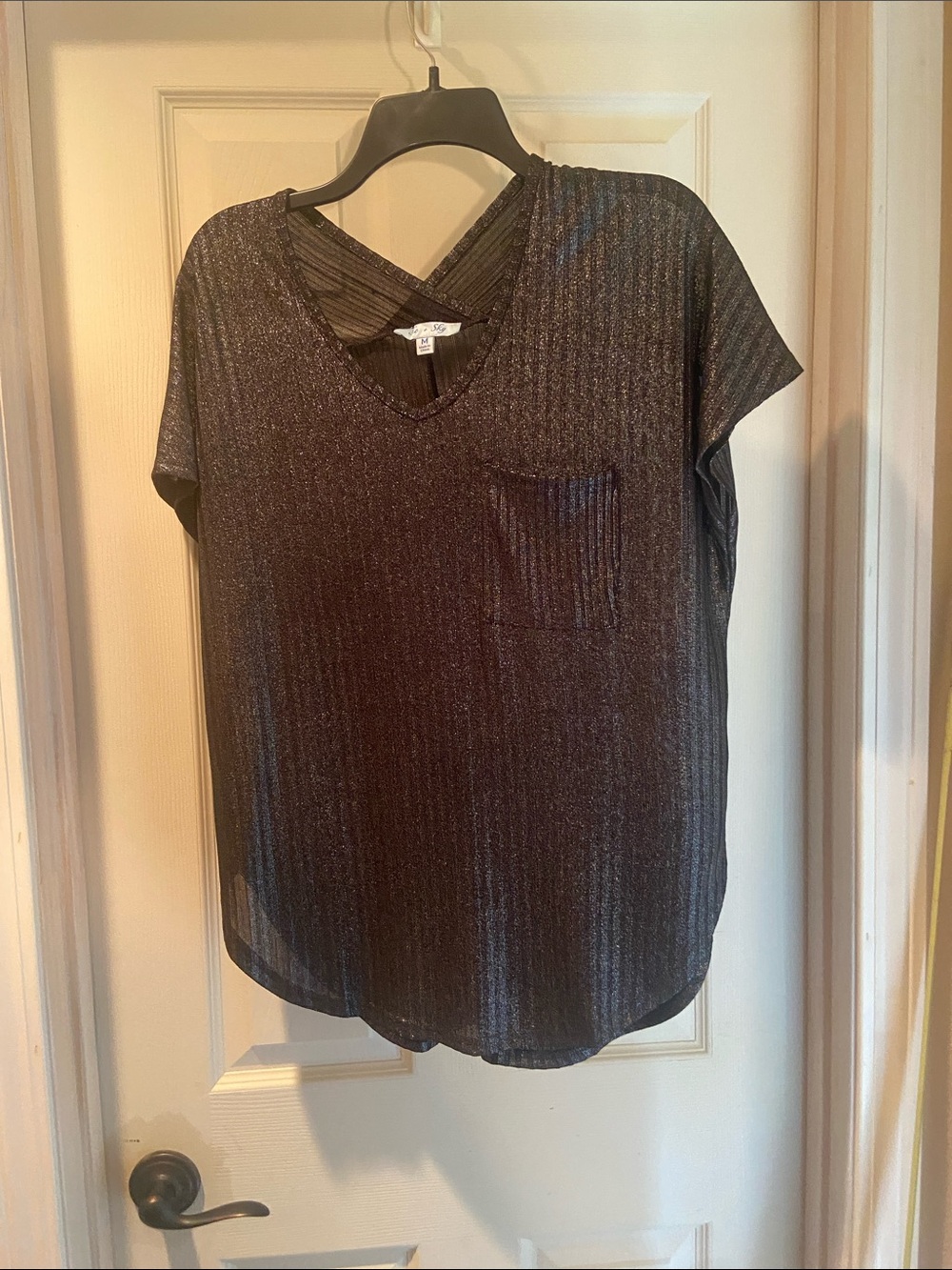 She + Sky Metallic Black Short-Sleeve V-Neck Pocket Tee